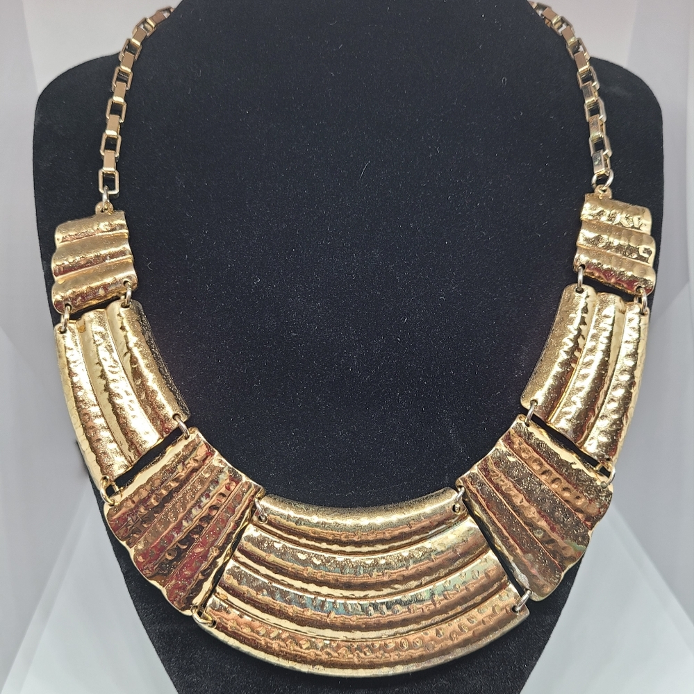 Gold Tone Bib Statement Necklace Egyptian Tribal Hammered Costume